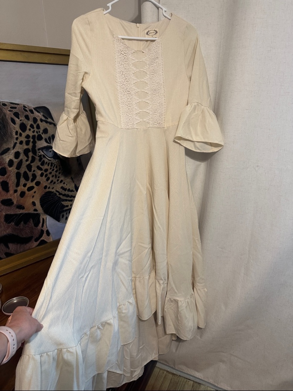 Joyfolie Cream Lace-Front High-Low Ruffle Dress